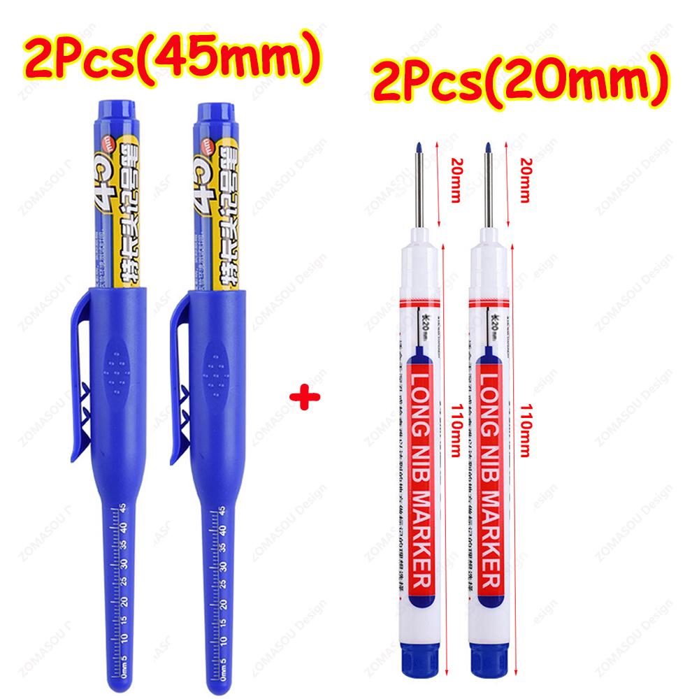 NEW Long Head Nib Deep Hole Markers Pen 20mm/45mm Waterproof White Tile Carpenter Pen for Woodworking Black/Blue/Red Ink
