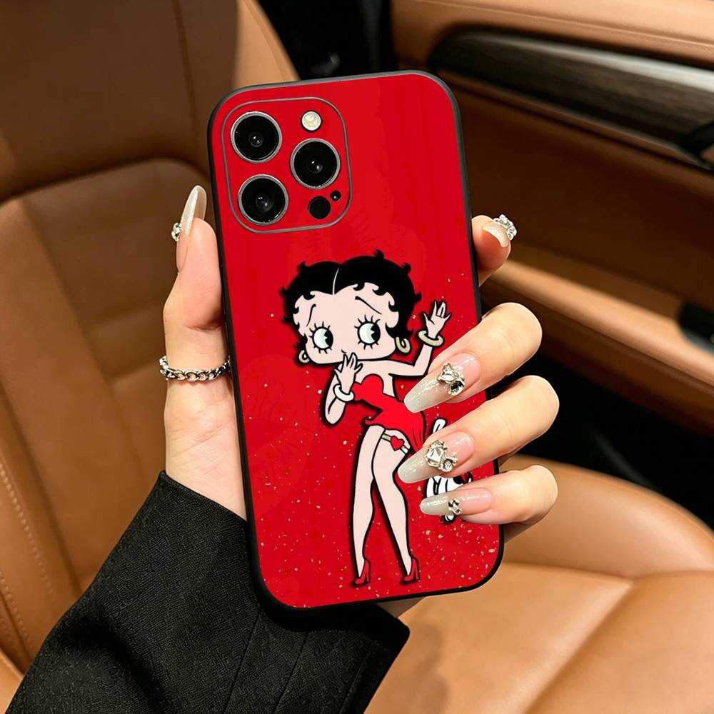 B-Betty Cute B-Boop Phone Case For iPhone 12 13 14 15 16 17 Pro Max, Lightweight and practical Soft Black Cover