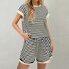 Women's Fashion Casual Round Neck Loose Striped Elastic Waist Shorts Set