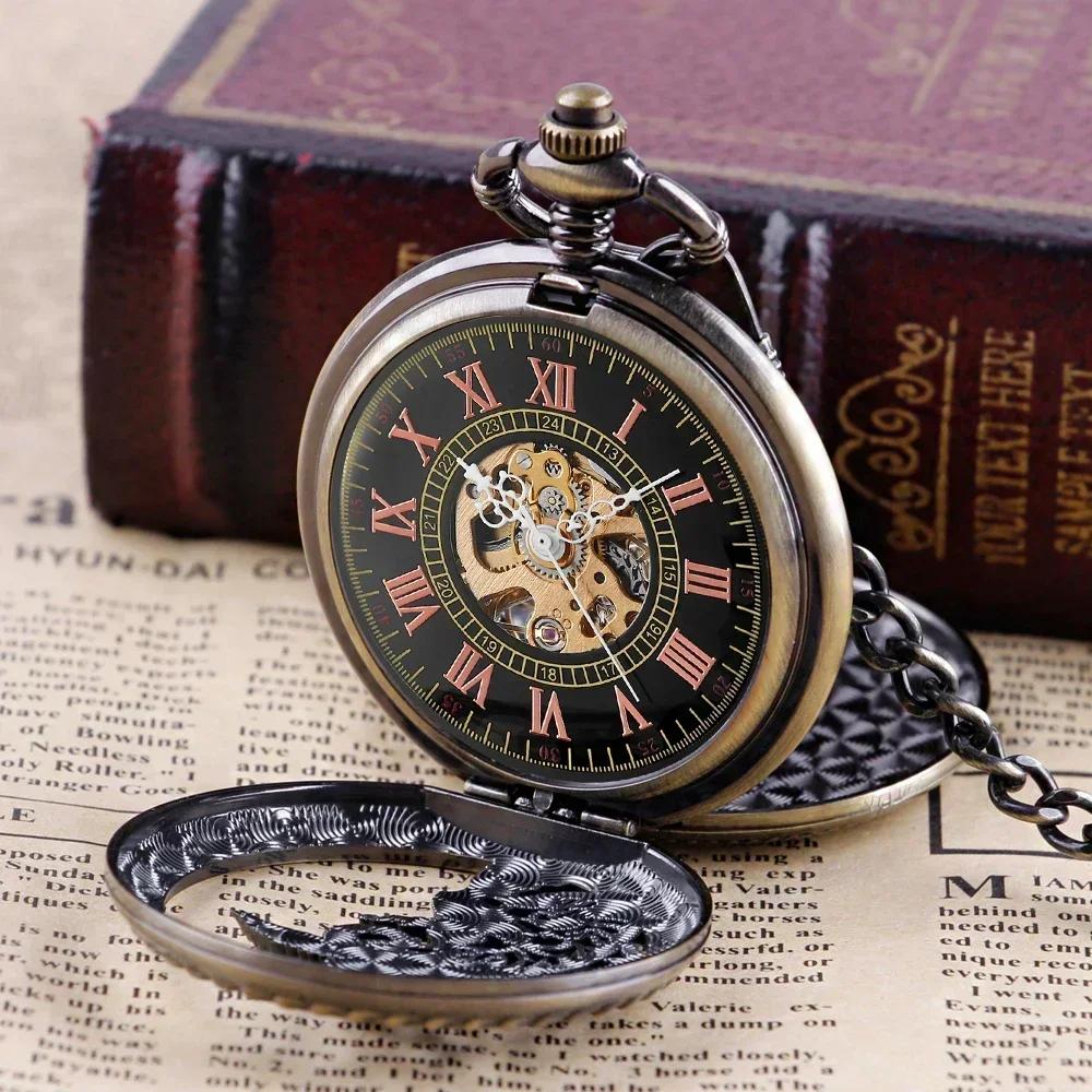 Exquisite Pegasus Mechanical Pocket Watch Bronze Hollow Flower Roman Case Self-Winding Luxury Pocket Watch Gifts for Men Women