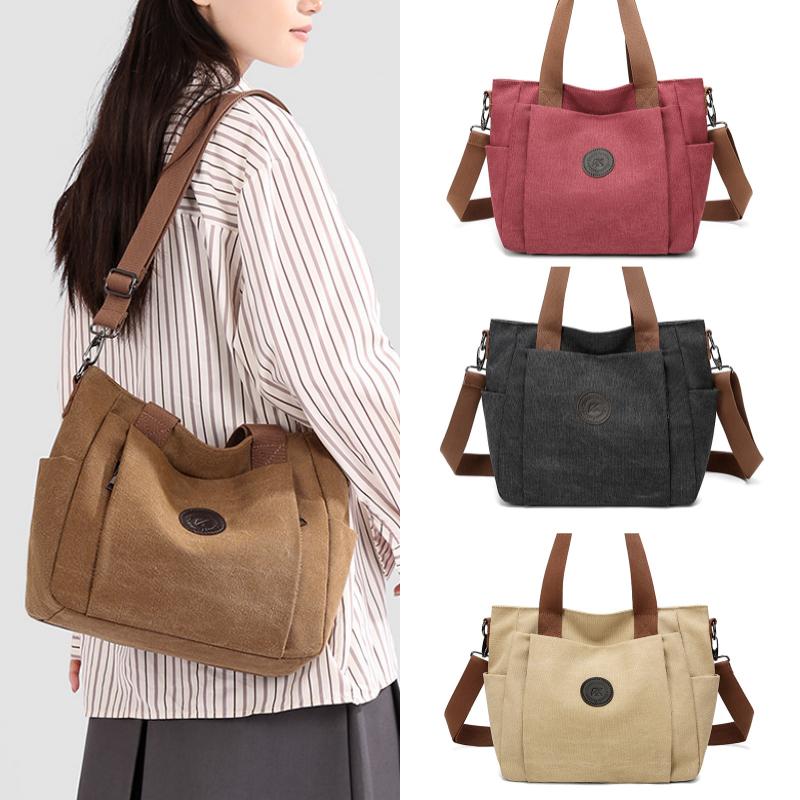 Fashi Canvas Women Handbag Large Capacity Minimalist Shoulder Bag Multi Pocket Zipper Crossbody Bag Student Commuter Tote Bag