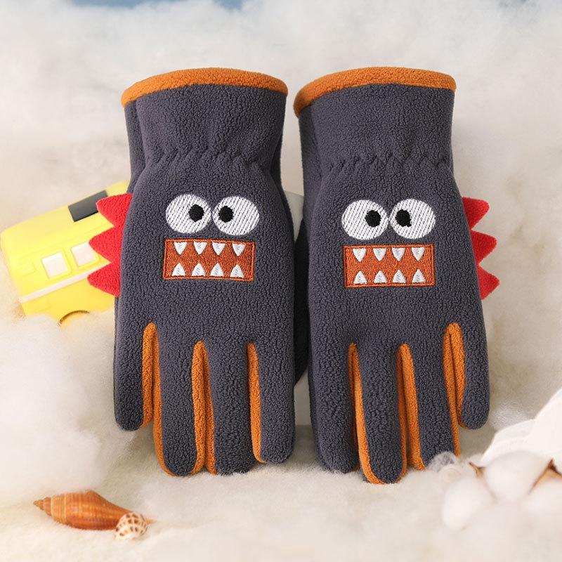 Cartoon Dinosaur Children Winter Gloves Thicken Warm Boys Girls Five Finger Gloves Kids Plush Outdoor Riding Ski Gloves