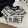 Women's Blue and White Striped T-Shirt Casual Crew Neck Loose Fit Knit Top with Black