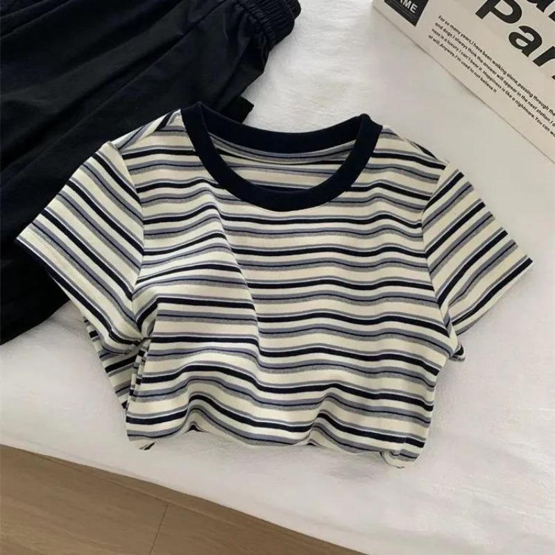 Women's Blue and White Striped T-Shirt Casual Crew Neck Loose Fit Knit Top with Black