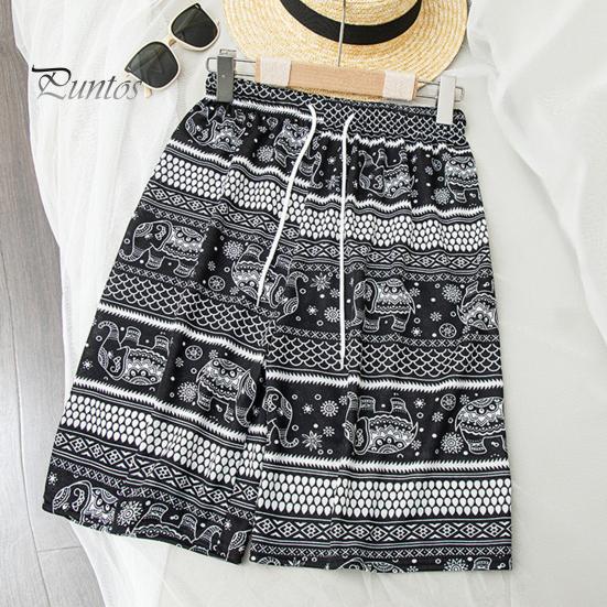 Women Summer Shorts Thiland Elephant Print Drawstring Elastic Waist Loose Soft Breathable Vacation Beach Travel Knee Length Shorts Homewear Pajamas