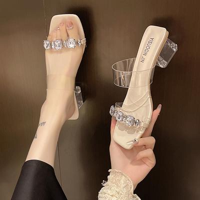 Fashion Shoes for Women Square Toe Slingbacks Women's Slippers Summer Rhinestone Transparent Solid Dress Chunky Heels Slippers