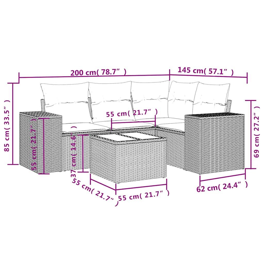 Vidaxl 5-Cz. Garden Furniture Set, Cushions, Light Grey PE Rattan