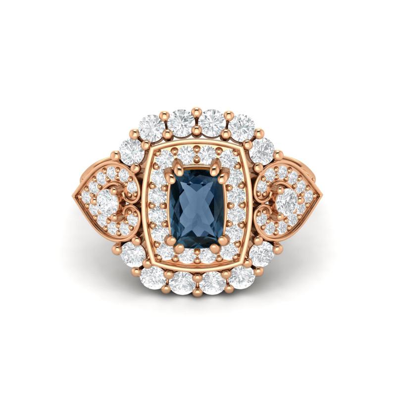 6X4MM Cushion London Blue Topaz Gemstone 925 Sterling Silver Rose Plated Solitaire Halo Women Engagement Ring