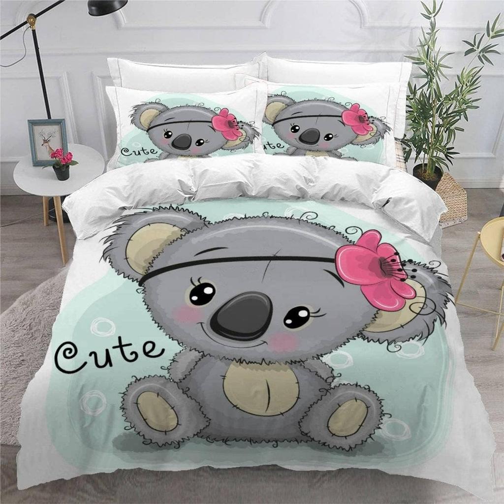 Cute Koala Flowers Pattern Duvet Cover Set,Bedding Set for Kids Girls Comforter Cover with Zipper(1 Duvet Cover+1 Pillow Case)