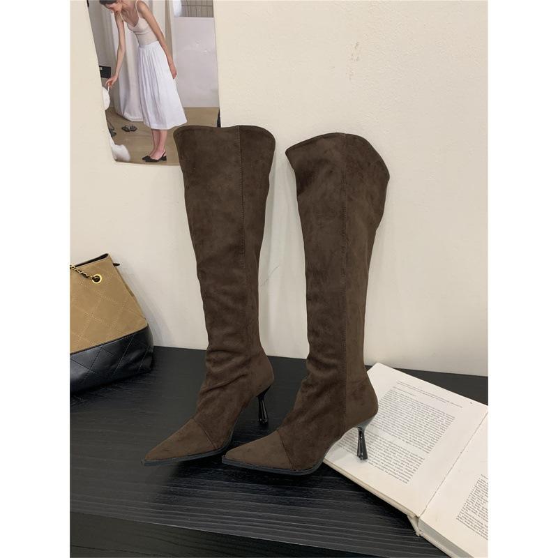 

Ненавижу заоблачные эластичные ботинки, ботинки на высоком каблуке с острым носком, замшевые ботинки на тонком каблуке с молнией до колена 39 темно-коричневого