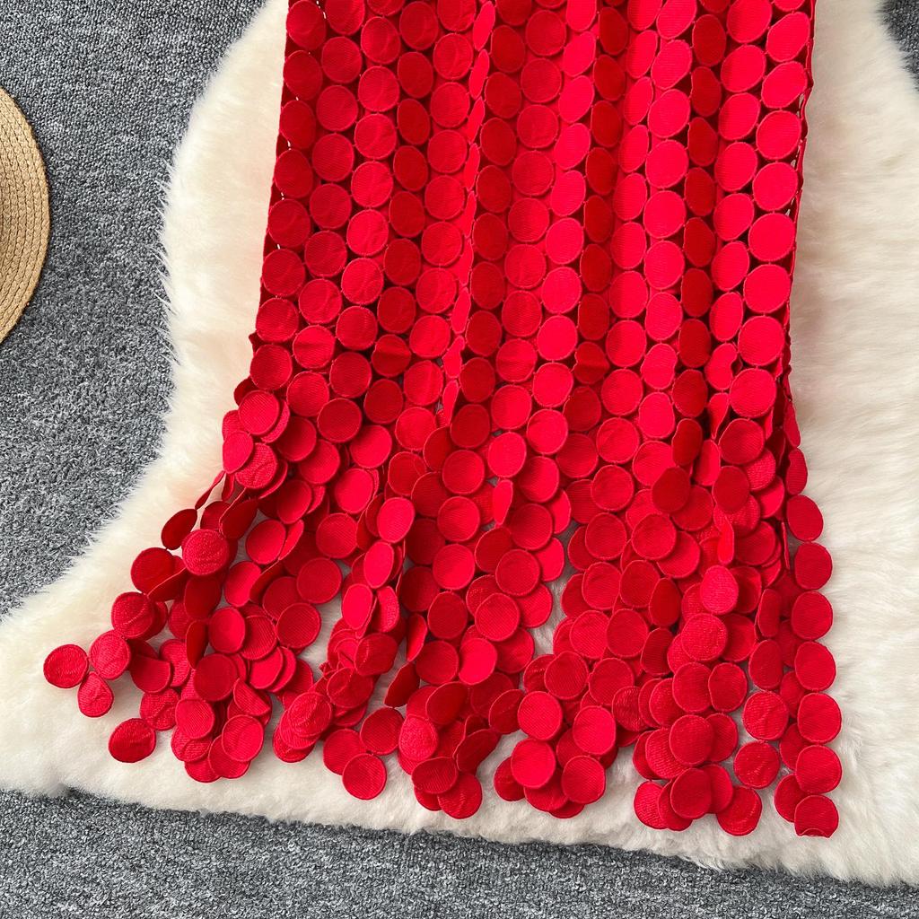 DIMANAF 2025 Neue Rock Frauen Stricken Spitze Lange Urlaub Solide Aushöhlen Sexy Dot Sommer Stil Lose Grundlegende Kleid