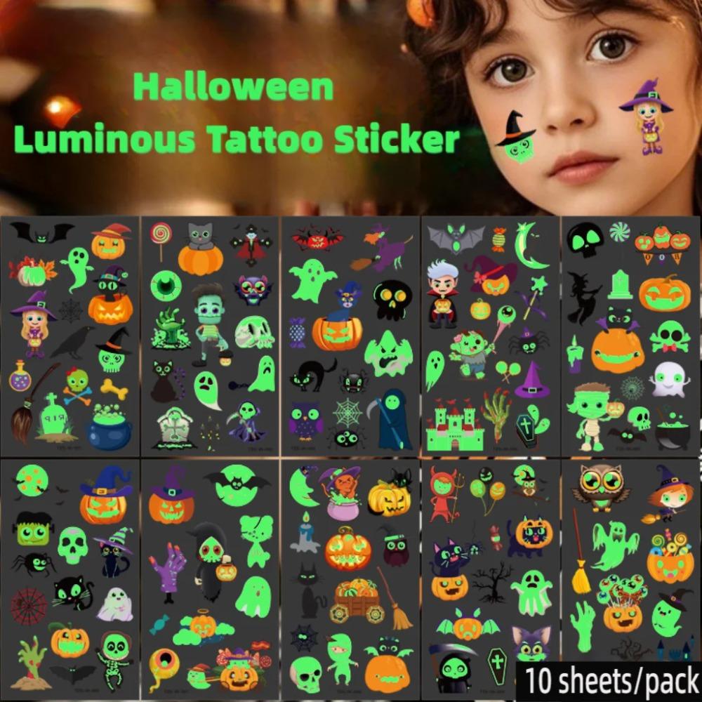 10 autocollants tatouage citrouilles d'Halloween, lumineux, temporaires et imperméables, pour le visage et le corps, accessoires pour les fêtes d'Halloween des enfants.