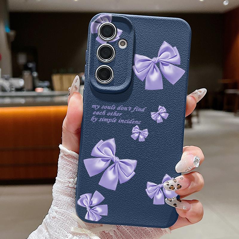 Purple Bowknot Pattern Leather Texture Plain Color Shell for Samsung S25 Ultra S24 Fe S23 S22 A56 A16 A15 A55 Soft Silicone Shockproof Matte Case