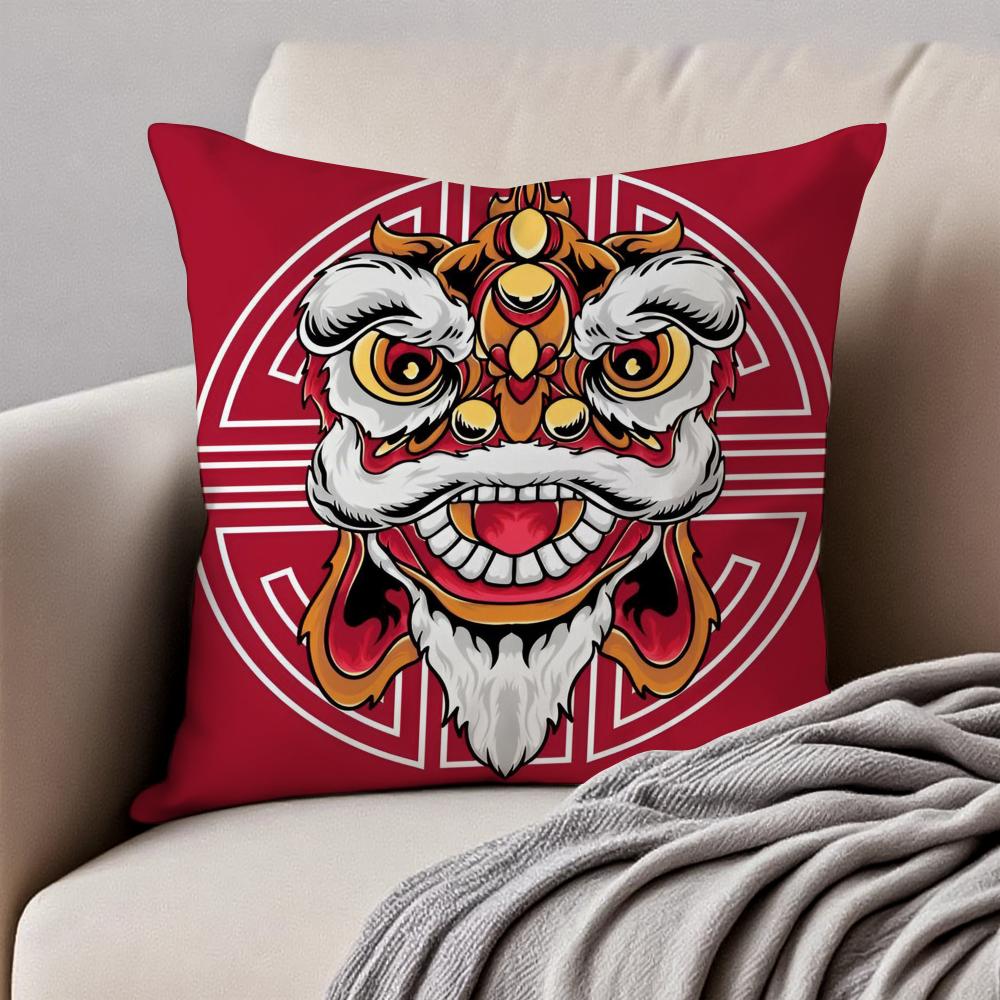 Traditional Dancing Lion Anime Lucky Cushion Cover Pillowcase Antidustmite Invisible Zipper Short Plush Sofa Cushion