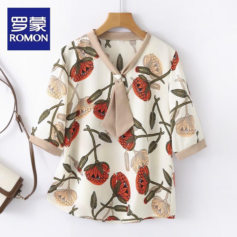 ROMON Women s Summer Loose Fit Floral Five-Sleeve T-Shirt XL