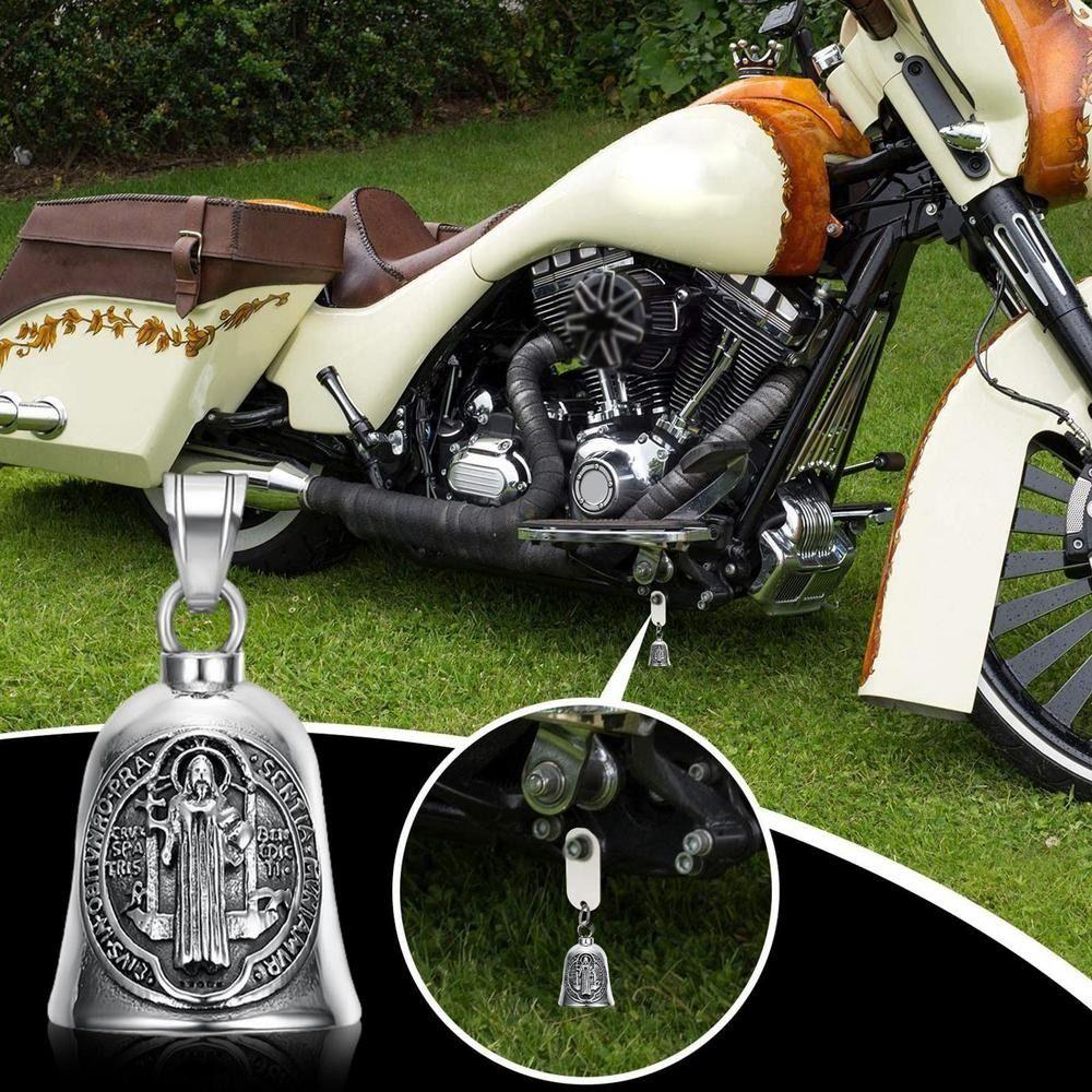 Saint Benedict Motorcycle Guardian Bell Retro Biker Good Luck Charm Religious Cross Key Chain