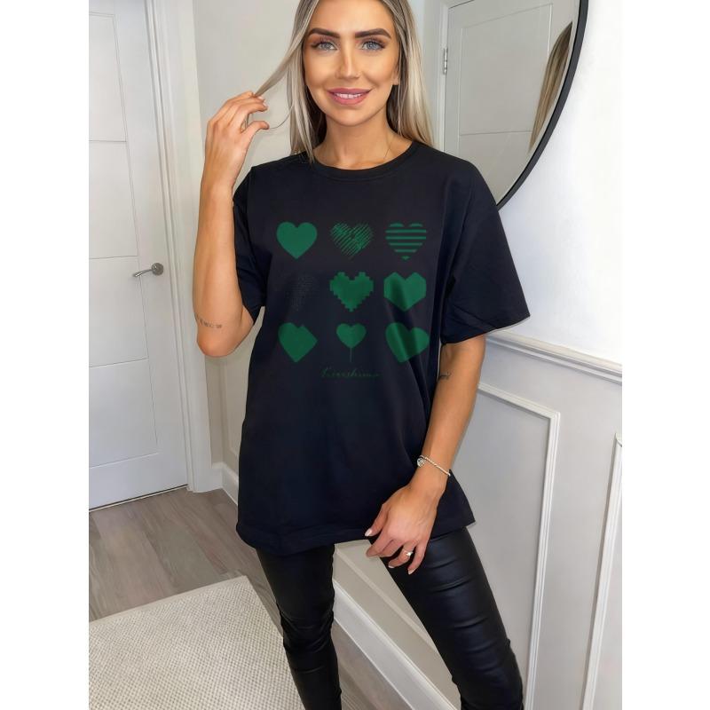 Oversized T Shirt Black Green Hearts Pattern And Katsukina Text Casual Wear For Women