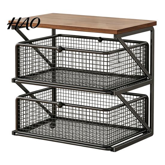 Multi Tier Storage Shelf Coffee Station Organizer with Drawer, Tiered Bar Organizer, Wooden Top Shelf, Capsule Wire Mesh Drawers for Tea Bags,