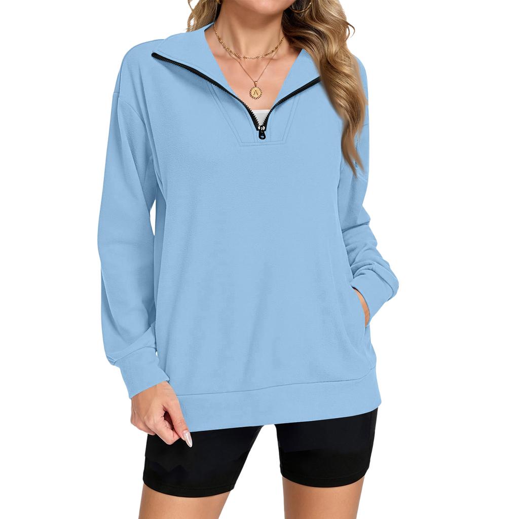 Women's Casual Zip-Up V-Neck Loose Fit Long Sleeve Sweatshirt