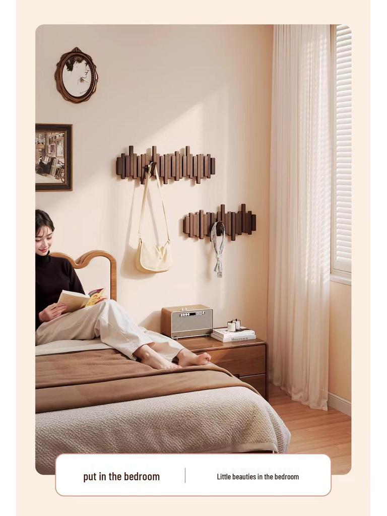 Solid Wood Coat Rack with Piano Key Hooks – Adhesive, No-Punch Design for Wall or Door