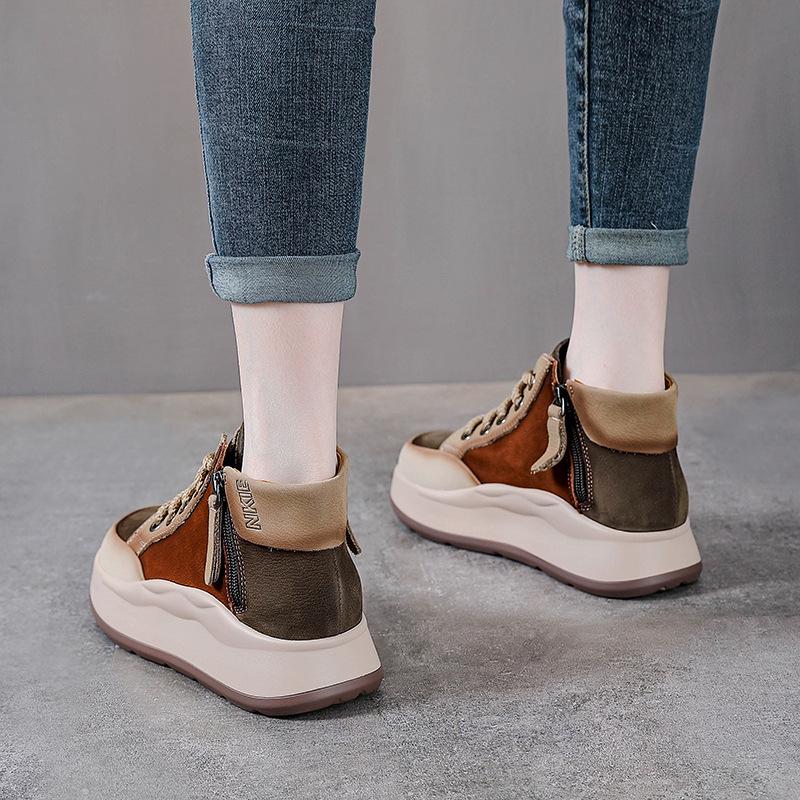 Autumn and Winter New Leather Platform Martin Women's British Style Color Matching Casual Shoes First Layer Cowhide Low-top Short
