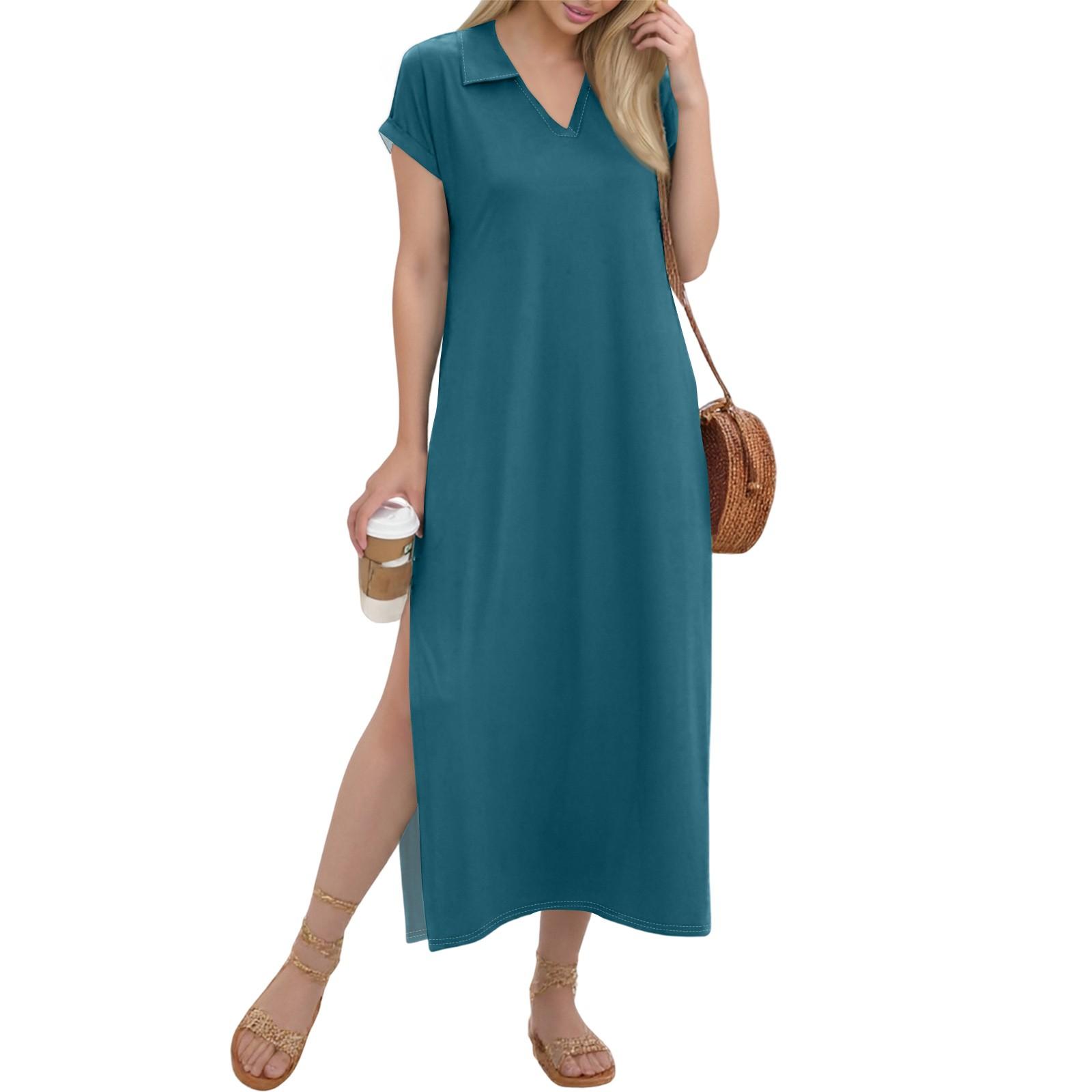 

Женское длинное платье-рубашка с V-образным вырезом, повседневное, с коротким рукавом и свободным разрезом L красный