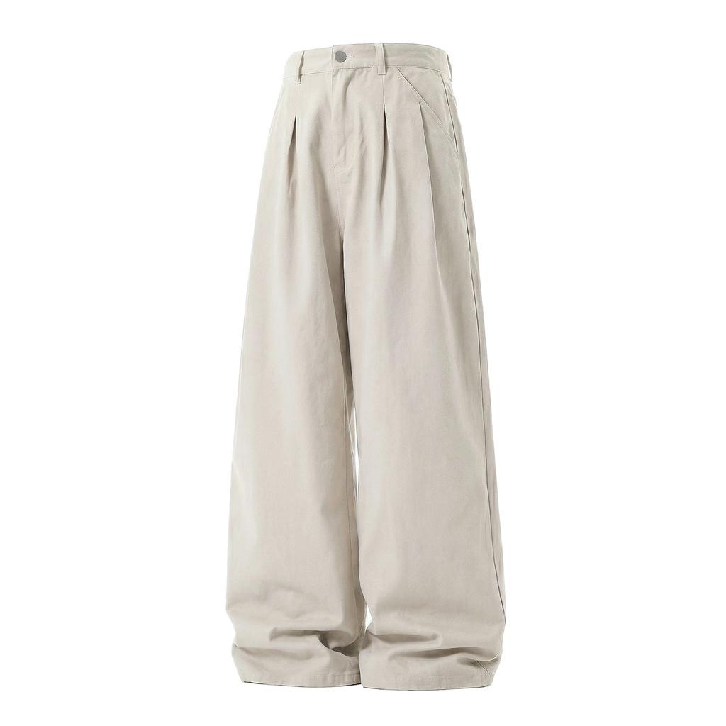 Heren Katoenen Casual Broek Losse Rechte Pijp Dubbele Plooizakken