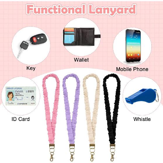 4 Pcs Stretchy Scrunchie Lanyards with 4 ID Holders for ID Badges, Neck Scrunchie Lanyard Retractable Teacher Lanyards for Nurses School Office