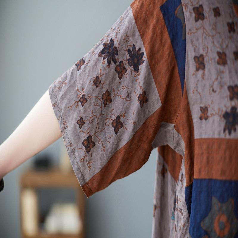 Summer New Plus Size Loose Comfortable Cotton Linen Vintage Printed Lotus Tail Shirt Dress