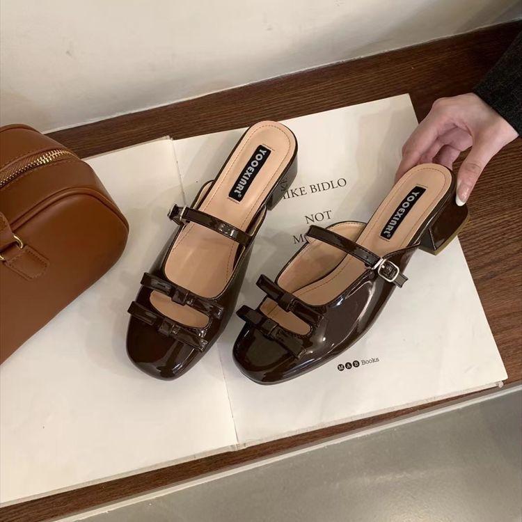 French Temperament Bag Head Half Slippers Outer Wear 2025 Summer New Fairy Style Bow High Heel Single Shoes Women's Shoes