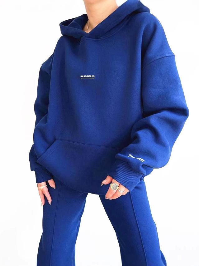 

Новый повседневный велюровый комплект свитеров с длинными рукавами и капюшоном с принтом букв на осень и зиму XL синий