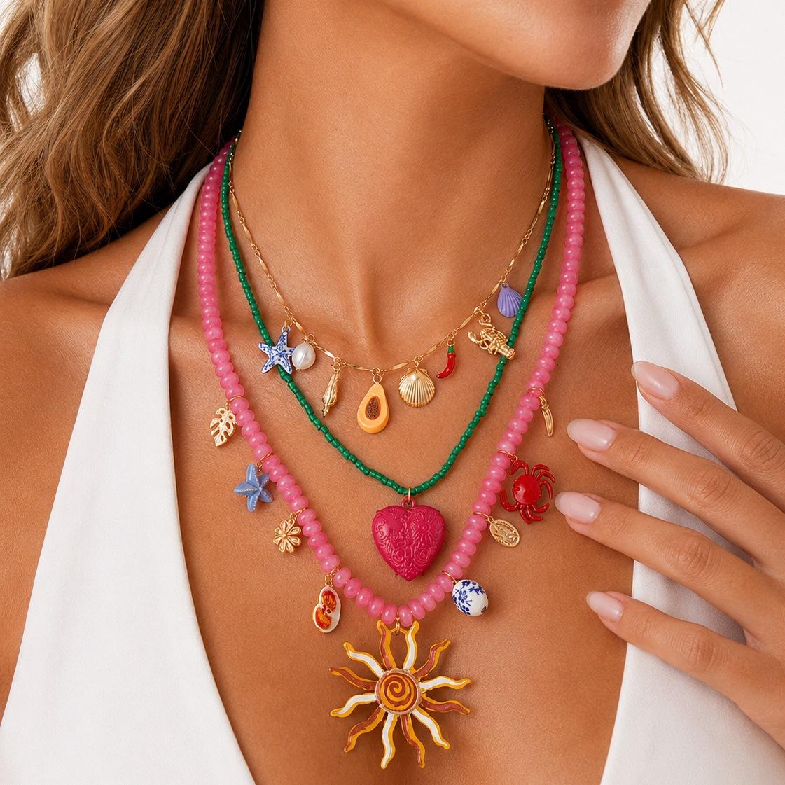Dopamine Pink Beaded Love Sun Pendant Necklace Creative Ocean Elements Stacked Necklace