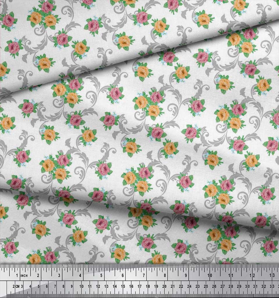 Soimoi Japan Crepe Satin Fabric Swirl,Leaves & Rose Floral Printed Fabric 1 Metre 42 Inch