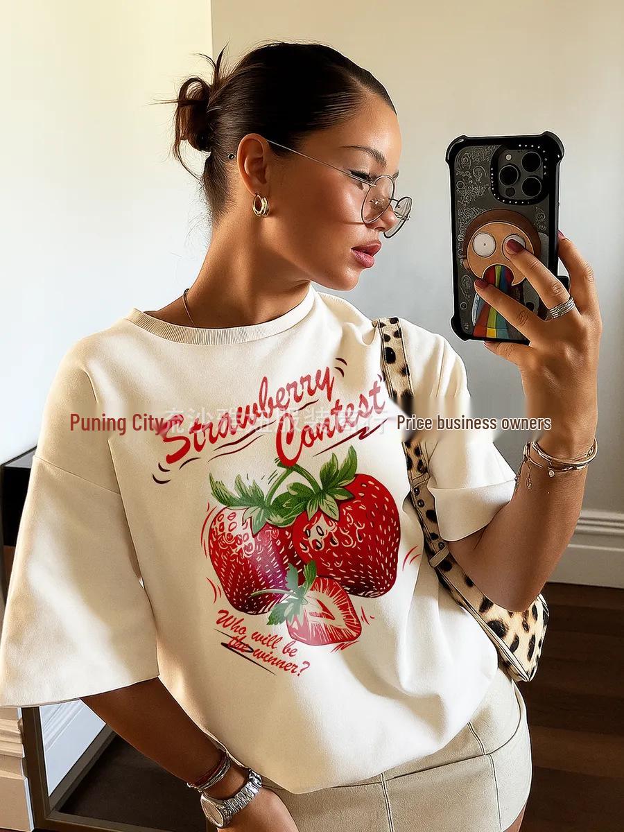 

100% Cotton Short Sleeve Sweet Girly Heart Strawberry Print Loose Chic T-shirt L белый