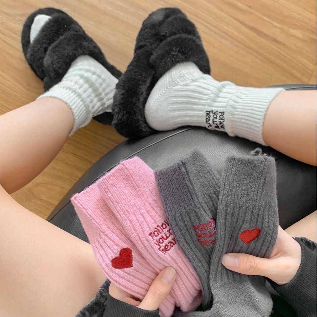 Deer Velvet Stacked Socks Solid Color Heel Ab Embroidered Trendy Socks Cashmere Socks Thickened Warm Socks