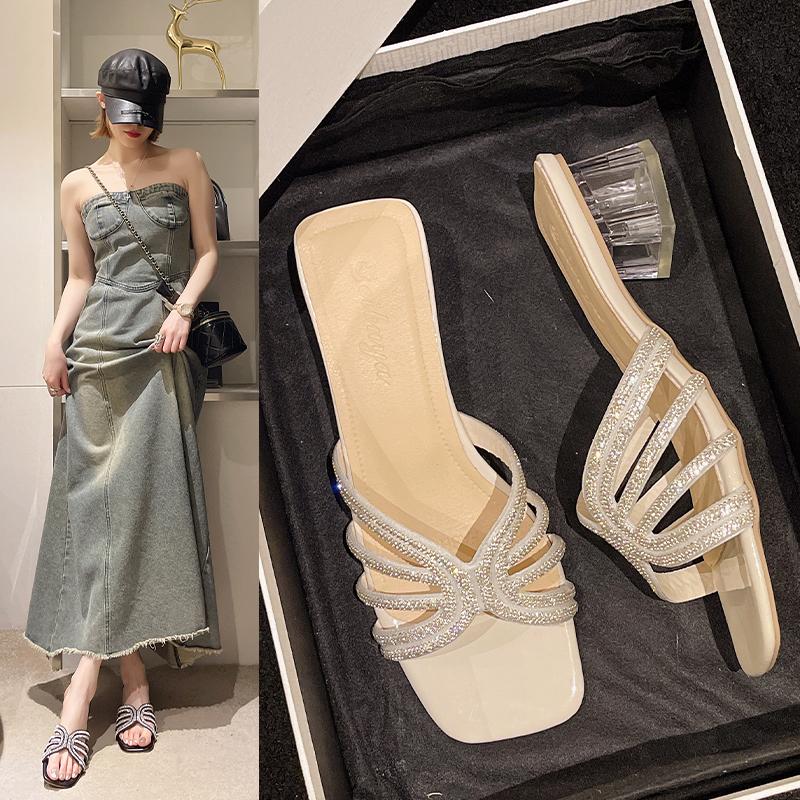 

Водяной бриллиант, один ремешок, крутые тапочки для женщин, новый стиль лета 2025, квадратный носок, открытый носок, сексуальные тапочки на высоком каблуке для женщин 35 белый