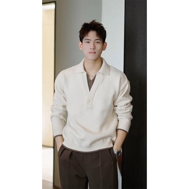 

2025 Faux Two-Piece Knit Sweater Men s Warm Double V-Neck Polo for Autumn/Winter 2XL абрикосовий