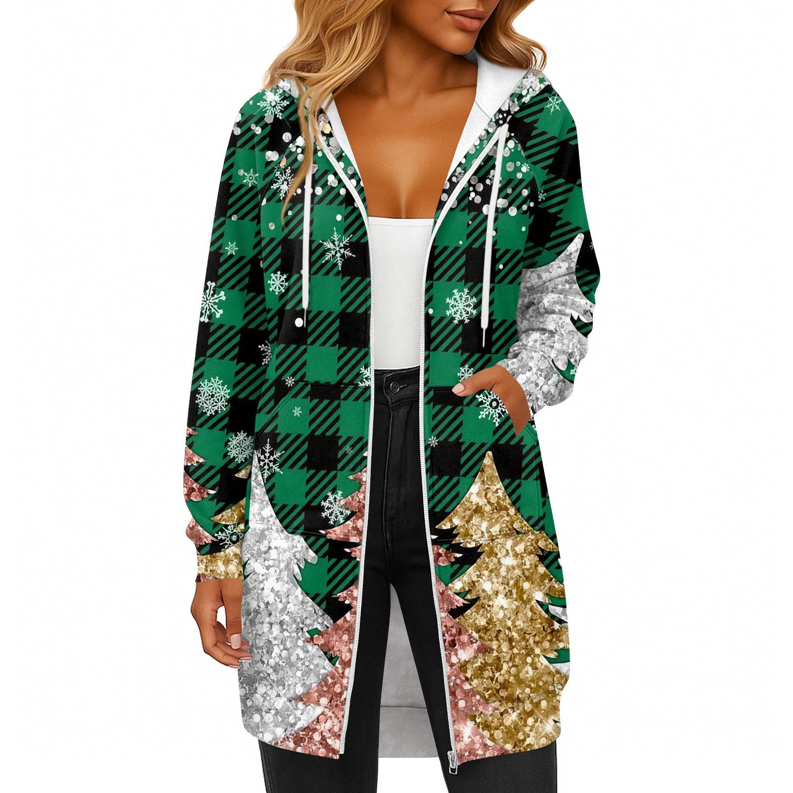 

Женская модная рождественская толстовка с длинными рукавами, капюшоном на кулиске, карманом на молнии, длинная, повседневная XL