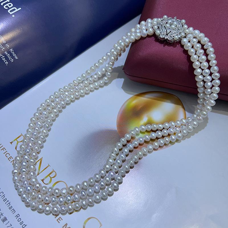 Elegant Multi-Layered Natural White Pearl Necklace - New Arrival. 5mm-6mm белый