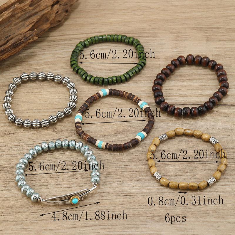 6 Stück Natürliche Holzperlen Armbänder Boho Ethnisch Armband Neues Set Vintage Feder Türkis Anhänger Handketten Handgefertigt