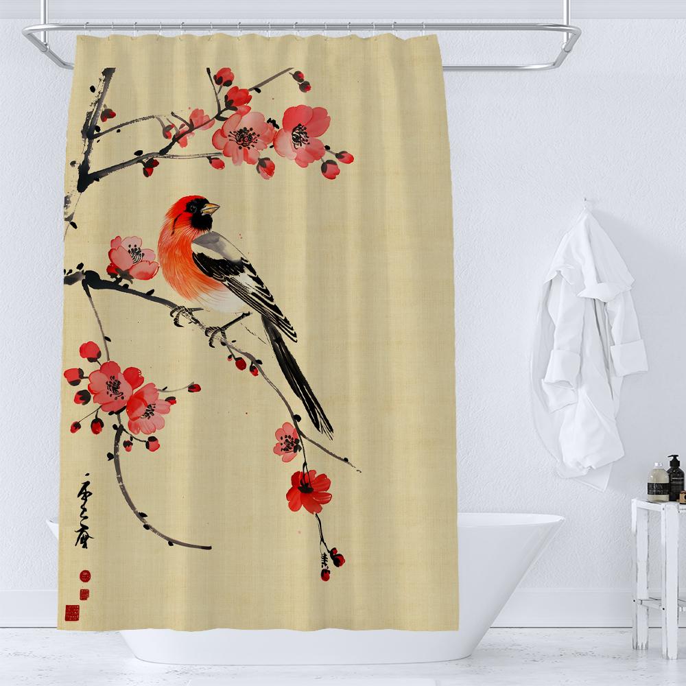 1 Pc The Japanese Plum Blossom Bird Print Shower Curtain With Hooks Modern Polyester Shower Curtain Bathroom Decoration Curtain