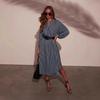 European and American Women's V-Neck Striped Belt Shirt Dress - Autumn 2025 Fashion
