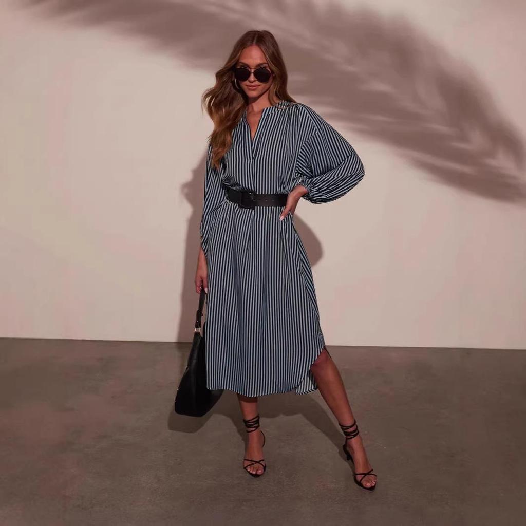 European and American Women's V-Neck Striped Belt Shirt Dress - Autumn 2025 Fashion