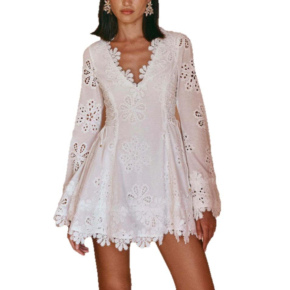 

Women s Long-Sleeve Lace-Trimmed V-Neck Fitted Short Dress XL білий