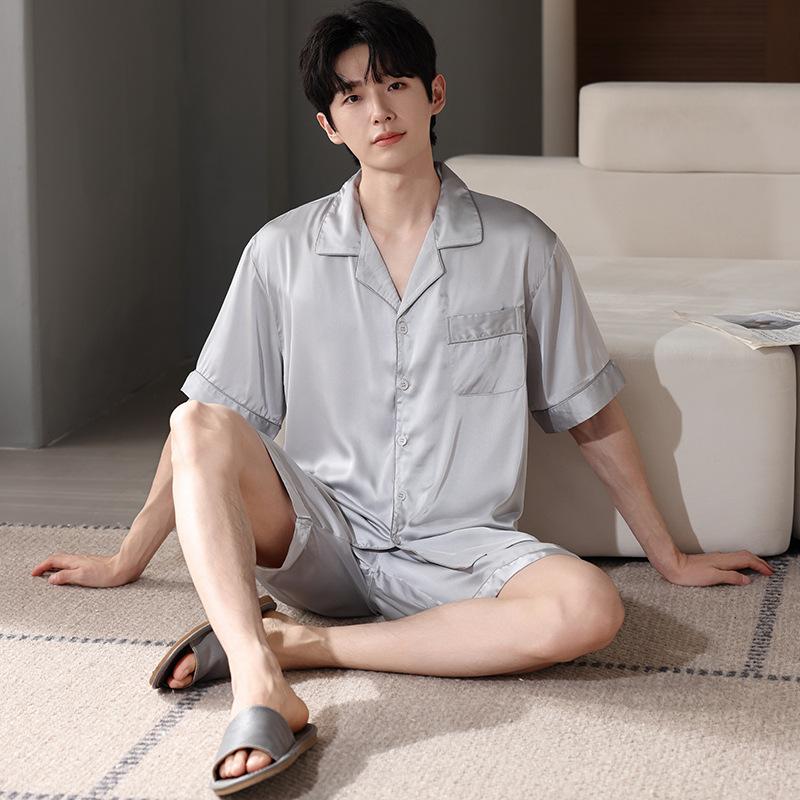 Ice silk pajamas men's summer 1011 new short-sleeved black high-end simulation silk summer loungewear set