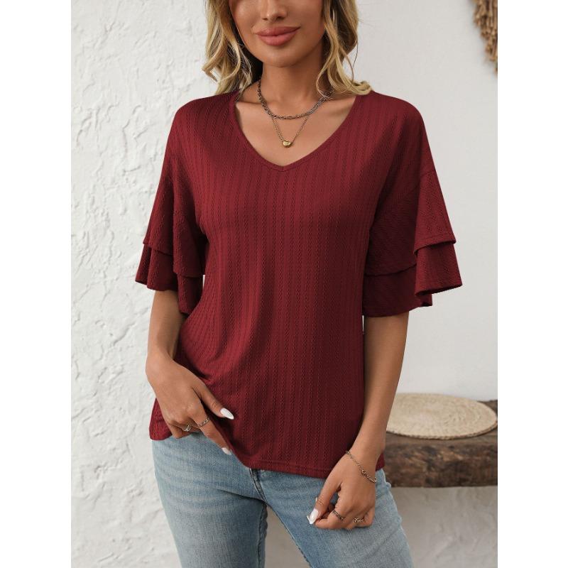 Women's Spring and Summer New Solid Color V-neck Lotus Leaf Sleeve Short-sleeved T-shirt Tops for Women