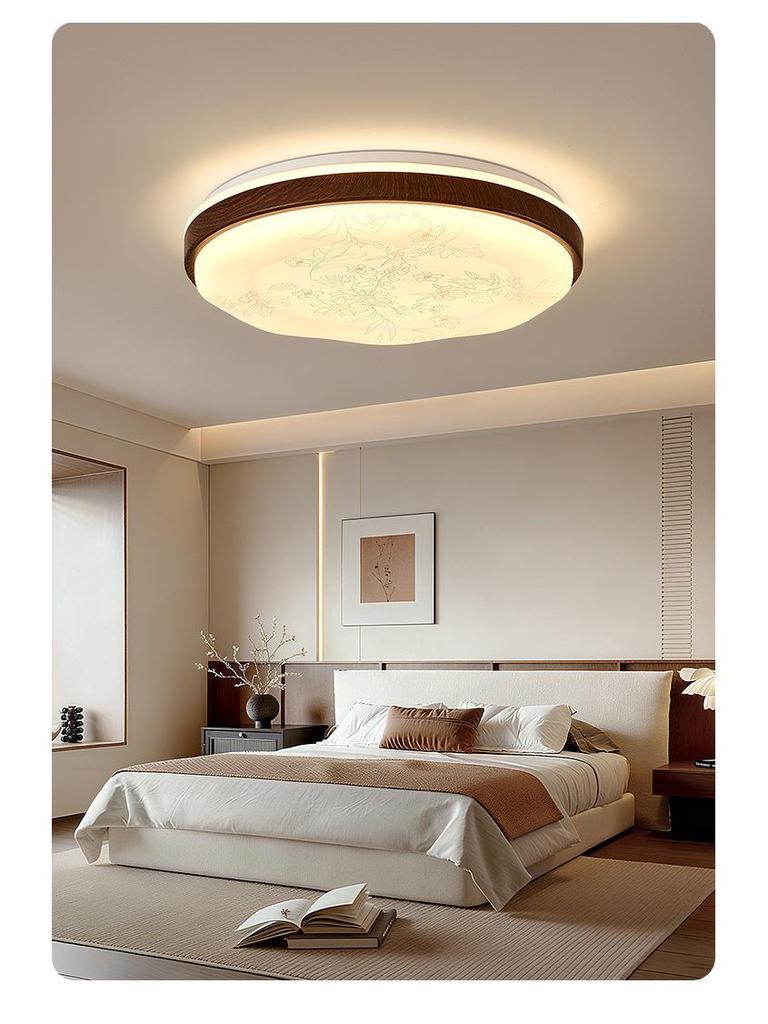 Zen Song Dynasty Walnut Solid Wood Ceiling Light with Fabric Shade