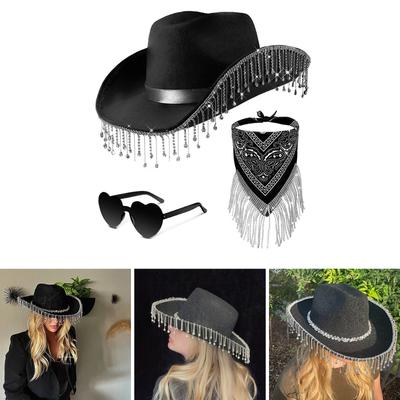 Fringed Cowboy Hat Scarf & Sunglasses Costume Set Western Cowgirl Hat Musical Festival Dress Up Bachelorette Party Props