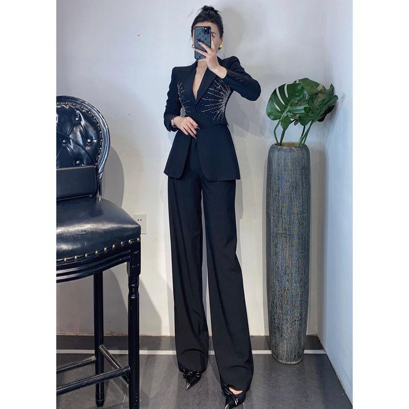 

2024 Early Spring New Heavy Industry Beads Fashion Big Brand High Sense Black Suit Outerwear Wide Leg Pants Goddess Set