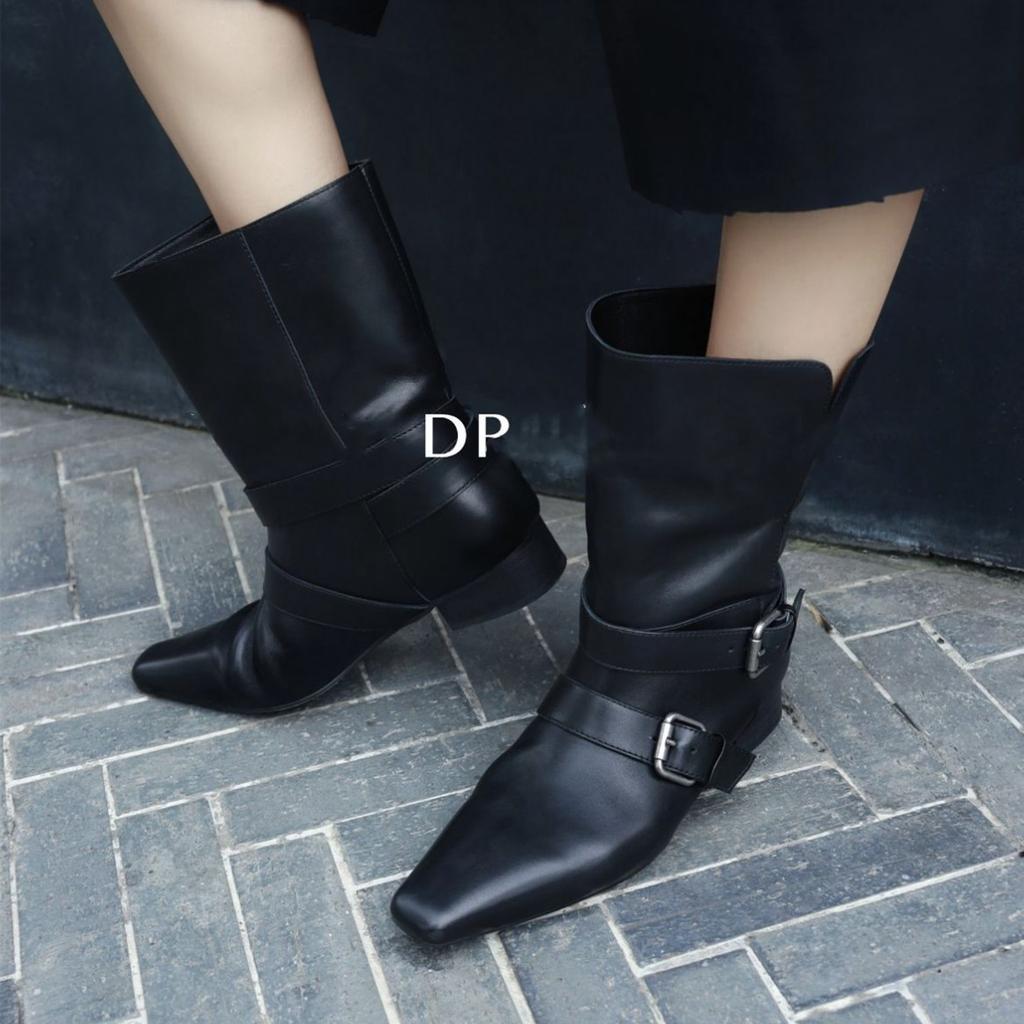 Leather Small Square Head Two Wear Flip-top Western Cowboy Boots Women's Thick Heel Medium Tube Knight Women's Boots Martin Boots
